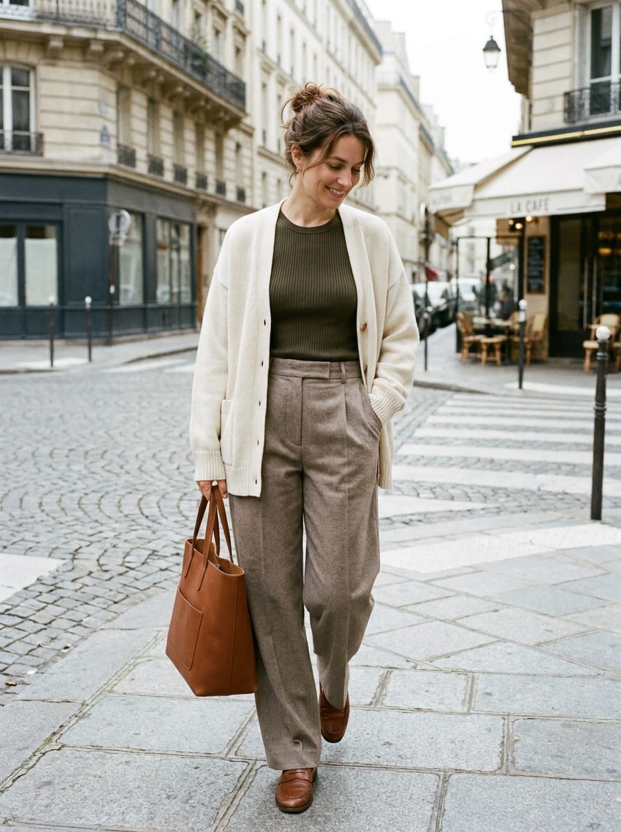 Stoffhose mit Stricktop und Cardigan - Herbst Outfit